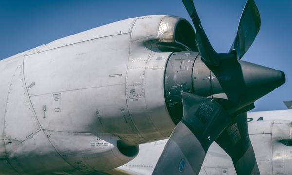 Close-up of an aircraft engine and propeller