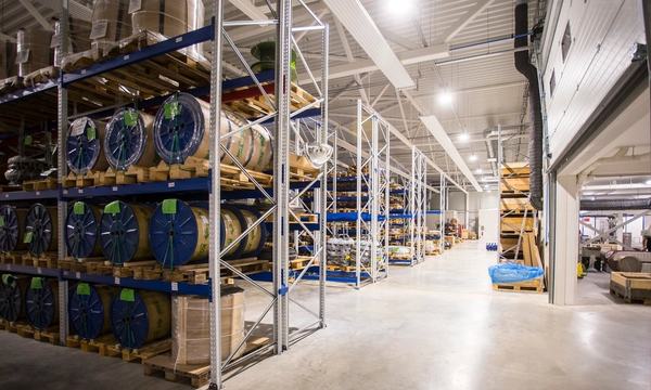 Warehouse racking stocked with spare parts