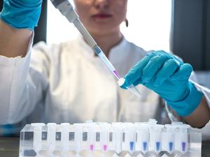 Scientist using a pipette with test tubes