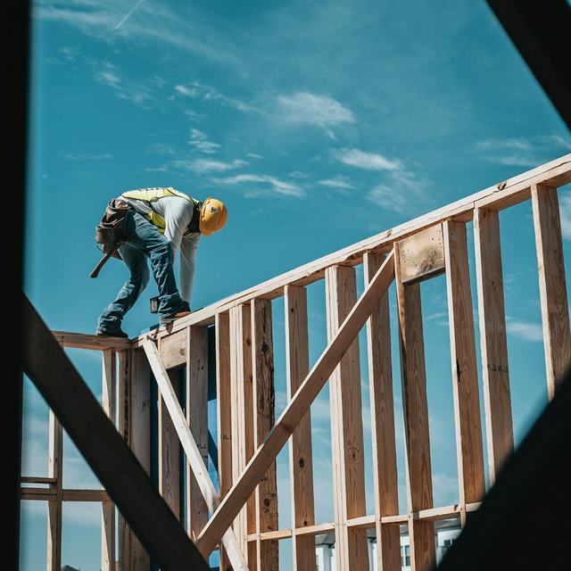 Construction worker in a hard hat on a building frame